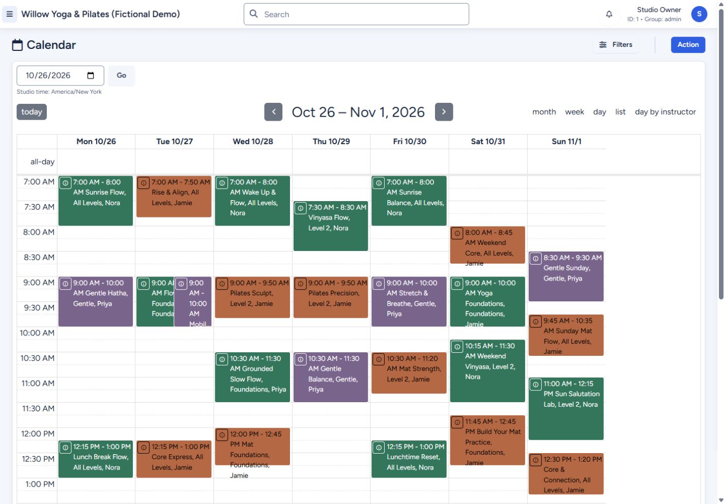 Actual YogaFitPro desktop calendar, showing the morning portion of a fictional yoga and Pilates week