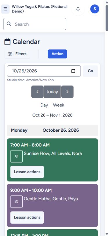 Actual YogaFitPro mobile calendar showing fictional Sunrise Flow and Gentle Hatha class cards