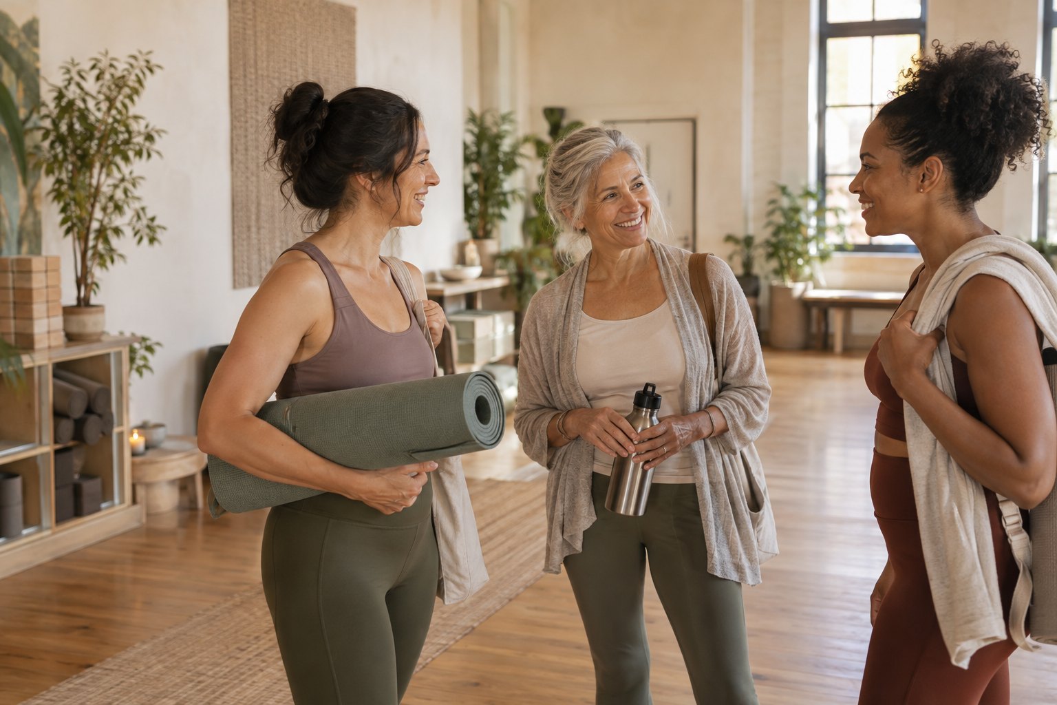 Adults gathering in a welcoming yoga studio before class