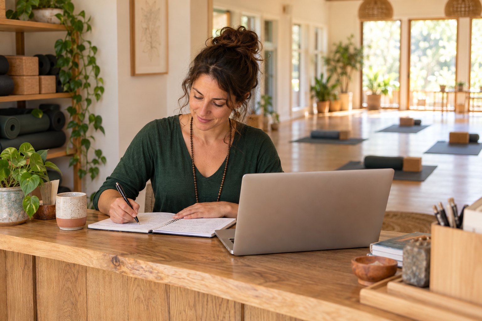 A studio owner reviewing a weekly plan at a desk